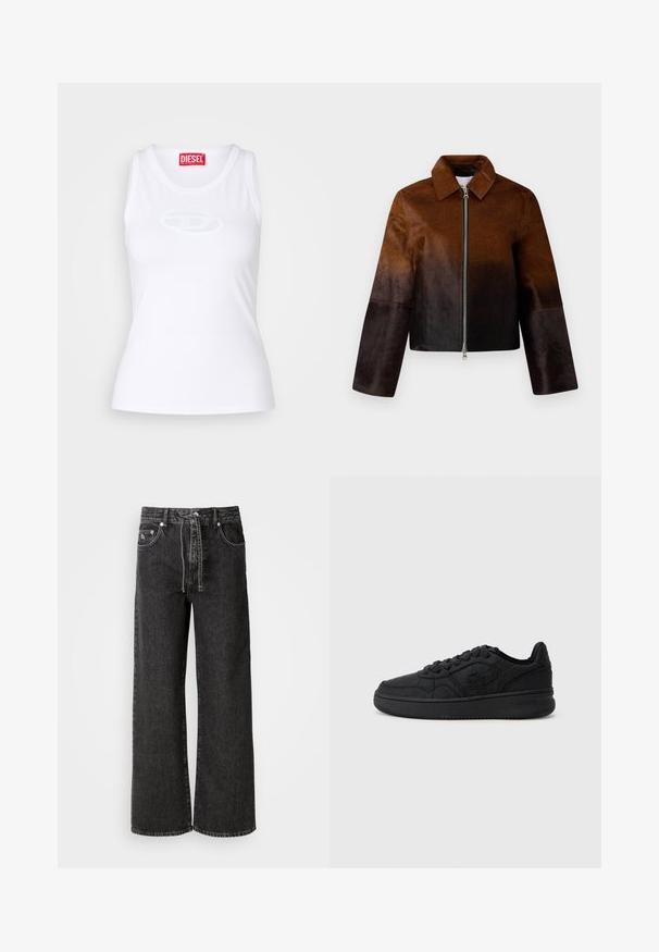 Braune Lederjacke mit einem Farbverlauf von hell nach dunkel, Reißverschluss, spitzen Kragen und kurzer Passform mit weiten Ärmeln.; Weißes Tanktop aus weichem Stoff mit rundem Ausschnitt, taillierter Form und einem geprägten Diesel-Logo in der Mitte.; Schwarze weit geschnittene Jeans aus Denim. Mit hoher Taille, Gürtelschlaufen, Vorderaschen und silbernen Hardwaredetails.; Schwarzer Sportlicher Sneaker mit einer strukturierten Oberfläche und geometrischen Mustern, gepolstertem Kragen und Gummisohle, entworfen für Komfort und Stil.