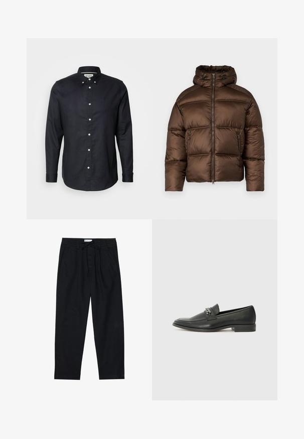 Giubbotto puffo marrone con colletto alto, zip frontale e due tasche laterali. Presenta un design trapuntato e una texture liscia e lucida.; Scotch & Soda CORE OXFORD SOLID - Camicia - black; Pier One Chino - black; Mocassino in pelle nera con finitura liscia, caratterizzato da un design cucito e da un accento decorativo in catena metallica sul vamp. Tacco piatto.