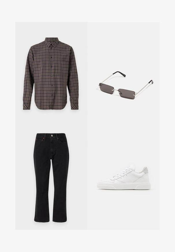 Giubbotto puffo marrone con colletto alto, zip frontale e due tasche laterali. Presenta un design trapuntato e una texture liscia e lucida.; Camicia di flanella a maniche lunghe di colore verde scuro, con un motivo a quadretti caratterizzato da linee rosa e bianche, chiusura con bottoni e una tasca sul petto.; Jeans in denim nero con una vestibilità a gamba dritta, stile a cinque tasche e accessori in metallo con dettagli in rame. Texture liscia e vita media.; Sneaker bianche in pelle con finitura liscia, punta arrotondata, lacci piatti e suola texturizzata. Accento in suede grigio sul tallone.; Occhiali da sole con lenti rettangolari di colore grigio scuro, montatura in metallo argentato e punte nere in plastica sulle asticelle. Design leggero con cuscinetti per il naso.