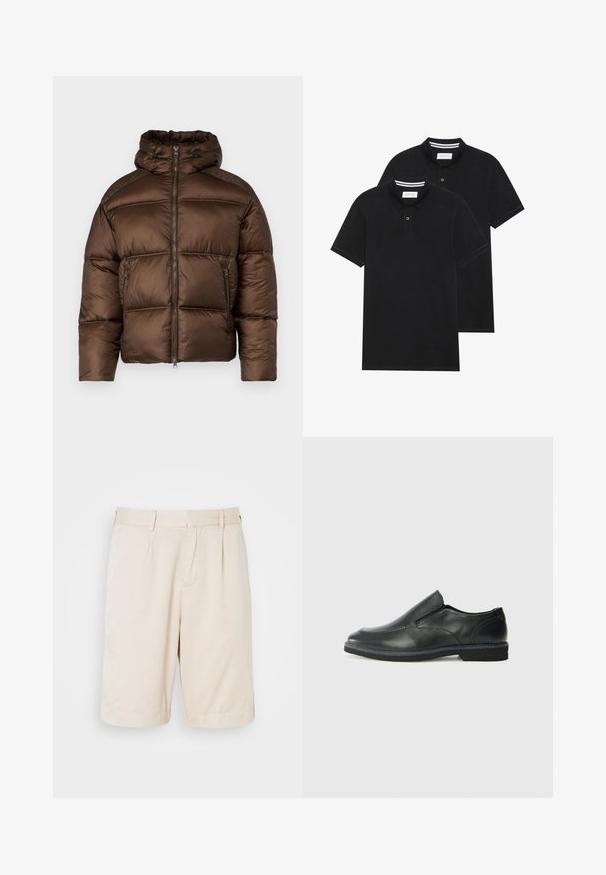 Rudas pūkinis džemperis su aukštu apykakle, priekiniais užtrauktukais ir dviem šoniniais kišenėmis. Yra pamušalu siuvinėta konstrukcija ir lygus, blizgus paviršius.; Du žaidimų juodos polo marškiniai, trumpomis rankovėmis, pagaminti iš medvilnės, su klasikinėmis apykaklėmis, dviem mygtukais priekyje ir baltais dryžiais apykaklės viduje.; Šviesiai rudos, klostuotos šortai, pagaminti iš lygios medžiagos, su šoninėmis kišenėmis ir tiesiu kirpimu, tinkami kasdieniam dėvėjimui.; Juodai odiniai įtvirtinimo batai su lygiu paviršiumi, siuvinėjimo akcentais, apvalia nosimi ir žemu guminiu kulnu. Pado raštas minimalus.