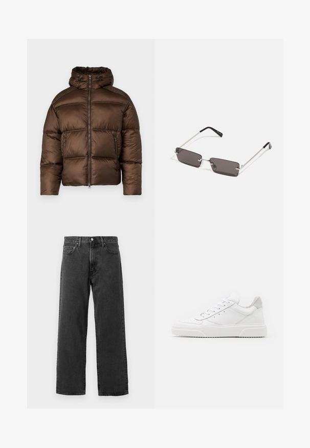 Hnědá péřová bunda s vysokým límcem, předním zipem a dvěma bočními kapsami. Obsahuje prošívaný design a hladkou, lesklou texturu.; Bílý bavlněný tričko s krátkým rukávem a kulatým výstřihem, na přední straně s červeným grafickým textem "VYNIKAJÍCÍ OSVĚŽUJÍCÍ OVOCNÝ".; Černé džíny z denimu se střihovým provedením rovného nohu, pět kapsami a klasickým zapínáním na knoflík. Vyznačují se jemně texturovanou tkaninou.; Bílé kožené tenisky s hladkým povrchem, zaoblenou špičkou, plochými tkaničkami a texturovanou podrážkou. Šedý semišový detail na patě.; Sluneční brýle s obdélníkovými tmavě šedými skly, stříbrnými kovovými rámy a černými plastovými konci na nožičkách. Lehké provedení s podložkami na nos.