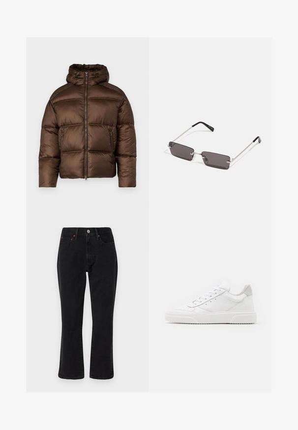 Giubbotto puffo marrone con colletto alto, zip frontale e due tasche laterali. Presenta un design trapuntato e una texture liscia e lucida.; T-shirt bianco in cotone con maniche corte, collo rotondo e una grafica rossa con il testo "FRUTTA DELIZIOSA E RINFRESCANTE" sul davanti.; Jeans in denim nero con una vestibilità a gamba dritta, stile a cinque tasche e accessori in metallo con dettagli in rame. Texture liscia e vita media.; Sneaker bianche in pelle con finitura liscia, punta arrotondata, lacci piatti e suola texturizzata. Accento in suede grigio sul tallone.; Occhiali da sole con lenti rettangolari di colore grigio scuro, montatura in metallo argentato e punte nere in plastica sulle asticelle. Design leggero con cuscinetti per il naso.