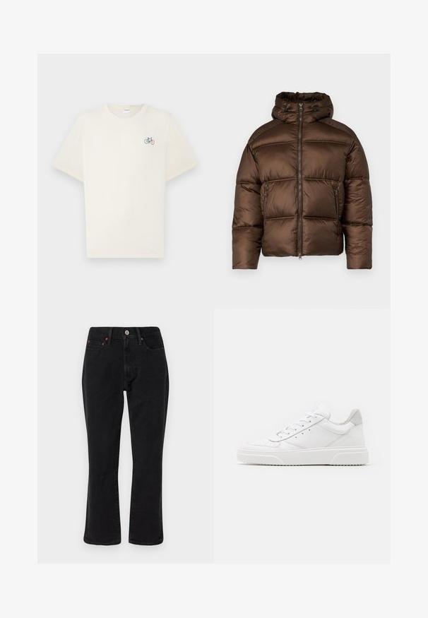 Brun puffjacka med hög krage, frontdragkedja och två sidofickor. Har en vadderad design och en slät, glänsande yta.; Krämfärgad t-shirt i bomull med korta ärmar, prydd med en liten flerfärgad cykelgrafik på vänster bröst.; Svarta denimjeans med rak benform, femfickorsdesign och metallbeslag med kopparaccenter. Mjuk textur och medelhög midja.; Vita lädersneakers med en slät yta, rund tå, platta snören och en texturerad sula. Grå mockadetalj vid hälen.