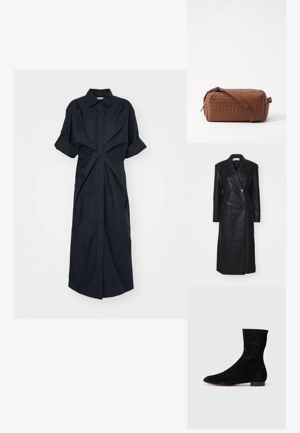 Must must nahkvarustus kahekordse nööpimisega, lõikega krae, esikottide ja siledaga tekstuuriga. Täispikk ja sirge siluetiga.; Mustaline musta kleit lühikeste rullitud varrukatega, nööbiga ees ja keerdunud kangaste detailiga vööl, valmistatud kergest materjalist.; Musthave mustan nahast pahkluu saabas, millel on kitsas vars, terav nina ja madal plokk-konts. Pehme tekstuur ja minimalistlik disain, sobib mitmekesiseks stiliseerimiseks.; Pruunist paelatest kott, millel on ristkülikuline kuju, sile tekstuur, tõmbluku sulgemine ja õlarihm. Omab külgkäepidet ja kuldseid aktsente.