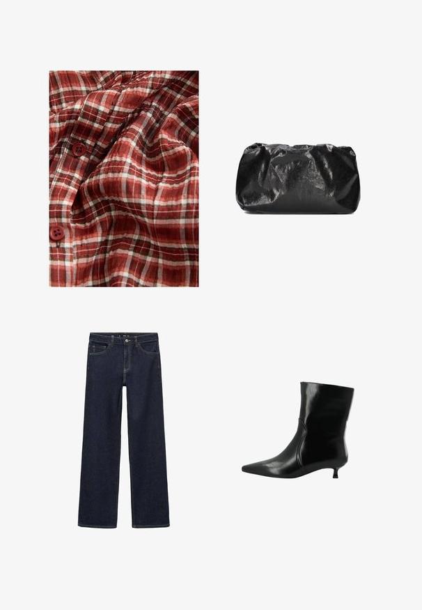 Schwarze Lederjacke mit doppeltreihigem Design, Reverskragen, Fronttaschen und einer glatten Textur. Vollständig in Länge und mit gerader Silhouette.; Dunkel gestrickter Rollkragenpullover mit cropped Design, ausgestattet mit gerippten Bündchen und Saum sowie einem strukturierten Gewebe.; Rot-weiß kariertes Gewebe mit einer leichten Textur, das vier Knöpfe enthält. Das Muster weist dünne schwarze Linien für Details auf.; Dunkel gewaschene Jeans mit einer lockeren Passform. Mit hohem Bund, fünf Taschen und kontrastierenden Nähten. Gerades Bein-Design, ohne Verzierungen.; Schwarze Lederstiefelette mit spitzem Schuhkopf und niedrigem Kitten-Absatz, seitlicher Nahtdetail und glatter, glänzender Oberfläche.; Notre-V Clutch - black crack