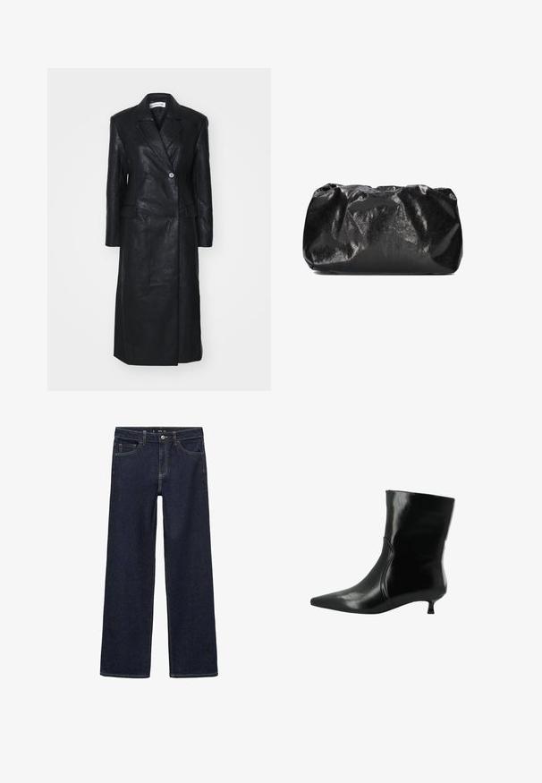 Schwarze Lederjacke mit doppeltreihigem Design, Reverskragen, Fronttaschen und einer glatten Textur. Vollständig in Länge und mit gerader Silhouette.; Dunkel gestrickter Rollkragenpullover mit cropped Design, ausgestattet mit gerippten Bündchen und Saum sowie einem strukturierten Gewebe.; Dunkel gewaschene Jeans mit einer lockeren Passform. Mit hohem Bund, fünf Taschen und kontrastierenden Nähten. Gerades Bein-Design, ohne Verzierungen.; Schwarze Lederstiefelette mit spitzem Schuhkopf und niedrigem Kitten-Absatz, seitlicher Nahtdetail und glatter, glänzender Oberfläche.; Notre-V Clutch - black crack