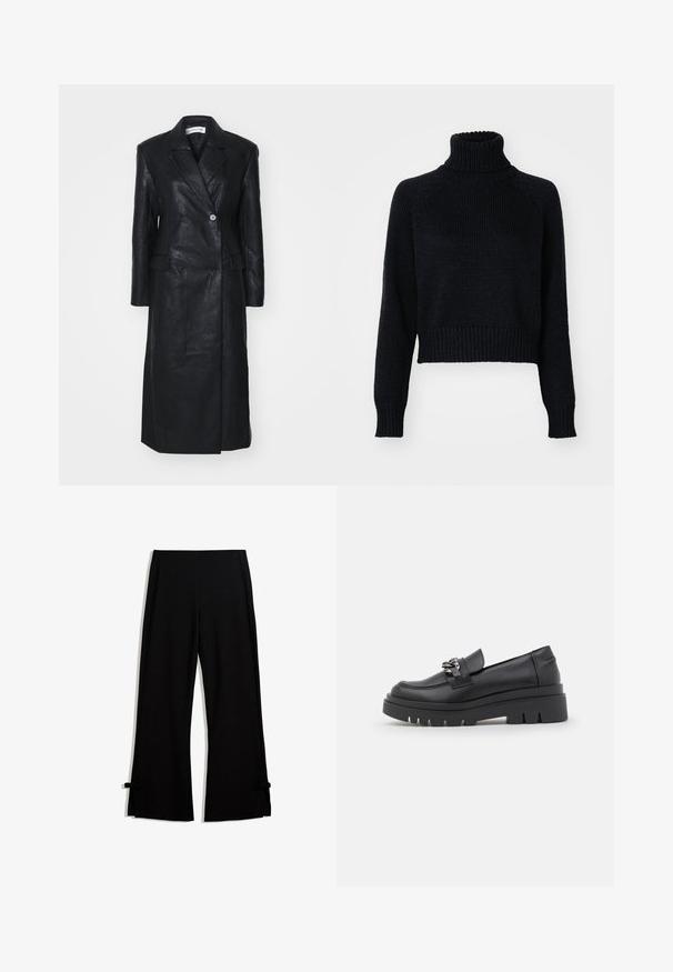 Czarny skórzany płaszcz o podwójnym zapięciu, z wyciętymi klapami, przednimi kieszeniami i gładką teksturą. Długość do pełnej długości z prostym krojem.; Czarny sweter z wysokim kołnierzem o skróconym fasonie, z ściągaczami na mankietach i u dołu oraz teksturowanym splotem na całej powierzchni.; Czarne spodnie o szerokich nogawkach wykonane z miękkiego materiału, z bocznymi rozcięciami zabezpieczonymi kokardkami na dole dla dodatkowego akcentu.; Czarne buty typu loafer na grubej podeszwie, z gładkiej skóry, ozdobnym łańcuchem, oraz lekko podwyższonym obcasem z nacięciem.