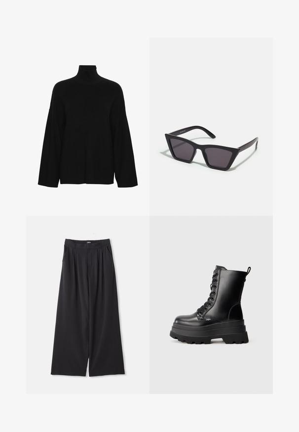 Schwarze Lederjacke mit doppeltreihigem Design, Reverskragen, Fronttaschen und einer glatten Textur. Vollständig in Länge und mit gerader Silhouette.; Schwarzer Rollkragenpullover aus geripptem Strickstoff. Verfügt über lange, weite Ärmel und einen lockeren Schnitt mit hohem Kragen.; Schwarze weite Hosen mit Falten, Gürtelschlaufen und Seitentaschen, flach auf einem weißen Hintergrund ausgelegt.; Schwarze Schnürstiefeletten mit einer massiven Plateausohle, glattem Lederfinish und Zuglasche. Verfügt über acht Ösen und eine strukturierte Sohle.; Schwarze, eckige Sonnenbrille mit grauen Gläsern; aus Kunststoff gefertigt, mit dicken Bügeln, die eine glatte Oberfläche und keine sichtbaren Beschläge haben.; Schwarzer Schal aus weichem, strukturiertem Stoff. Hat fransige Ränder und eine rechteckige Form, ideal zum Drapieren um den Hals.