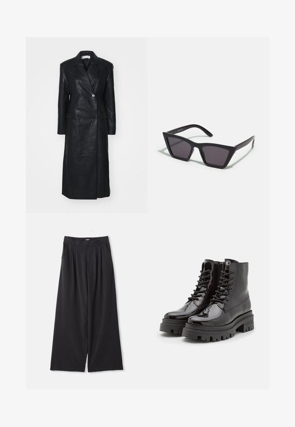 Abrigo de cuero negro con diseño de doble botonadura, solapas muescas, bolsillos frontales y una textura suave. De longitud completa y con una silueta recta.; Top largo negro de manga larga de encaje transparente con estampado floral y un cuello alto con un pequeño volante.; Pantalones de pierna ancha negros con plisados, ansias para cinturón y bolsillos laterales, dispuestos planos sobre un fondo blanco.; Botas de tobillo de charol negro con cordones en la parte delantera, suela gruesa negra y cremallera lateral. Presentan una textura suave y brillante, y una puntera redondeada.; Gafas de sol negras y angulares con lentes grises; fabricadas en plástico, con varillas gruesas de superficie suave y sin herrajes visibles.; Bufanda negra hecha de una tela suave y texturizada. Presenta bordes deshilachados y una forma rectangular, adecuada para llevar alrededor del cuello.
