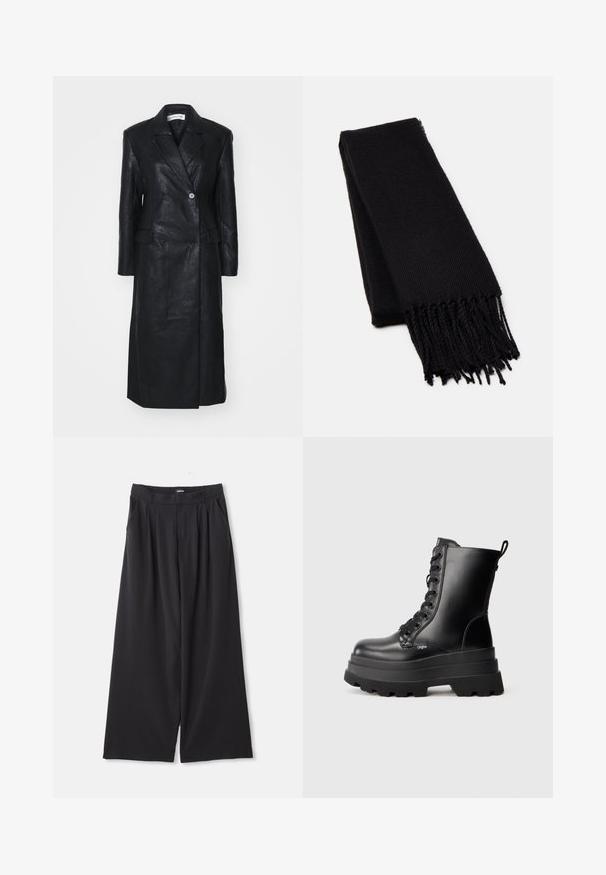 Abrigo de cuero negro con diseño de doble botonadura, solapas muescas, bolsillos frontales y una textura suave. De longitud completa y con una silueta recta.; Top largo negro de manga larga de encaje transparente con estampado floral y un cuello alto con un pequeño volante.; Pantalones de pierna ancha negros con plisados, ansias para cinturón y bolsillos laterales, dispuestos planos sobre un fondo blanco.; Botas de tobillo negras con cordones y suela de plataforma gruesa, acabado de cuero suave y tirador. Cuenta con ocho ojetes y suela texturizada.; Bufanda negra hecha de una tela suave y texturizada. Presenta bordes deshilachados y una forma rectangular, adecuada para llevar alrededor del cuello.