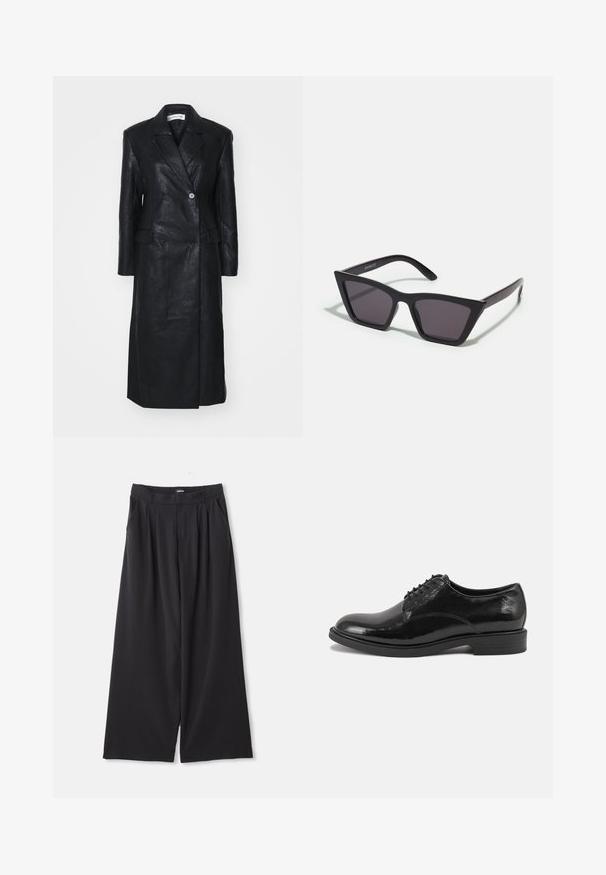 Melna ādas jaka ar dubulto pogu dizainu, ar iegrieztiem atloka galiem, priekšējām kabatām un gludu tekstūru. Pilna garuma ar taisnu siluetu.; Melna garām piedurknēm caurspīdīga mežģīņu blūze ar ziedu rakstu un augstu kakla izgriezumu, kas rotāta ar nelielu kroku apdari.; Melnas plati kāju bikses ar piegriezumu, jostu cilpām un sānu kabatām, izklātas uz baltā fona.; Melnas ādas kleitu kurpes ar spīdīgu apdari, apaļu purngalu un saistīšanas dizainu. Izkāpj zems kaudzēts papēdis un smalkas šuvju detaļas.; Melni, stūrveida saulesbrilles ar pelēkiem objektīviem; izgatavotas no plastmasas, ar biezām kājām, kam ir gluda virsma un nav redzamu stiprinājumu.; Melnā šalle, kas izgatavota no mīkstas, strukturētas auduma. Iezīmē frēzētas malas un taisnstūra formu, kas ir piemērota apvīt ap kaklu.