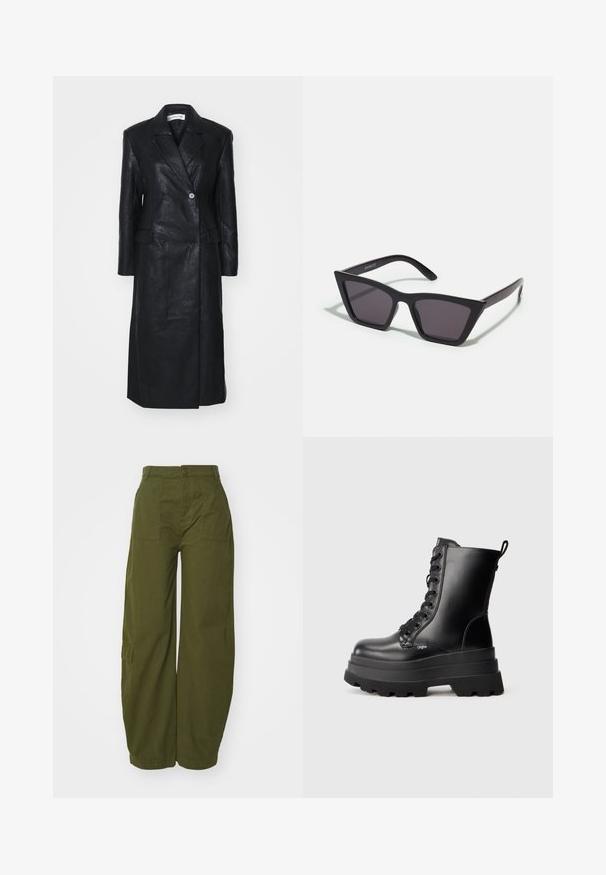 Black leather coat with double-breasted design, notched lapels, front pockets, and a smooth texture. Full-length with a straight silhouette.; Black long-sleeve sheer lace top with floral pattern and a high neckline featuring a small ruffle trim.; Olive green cargo pants made of cotton, featuring a wide-leg design, front pockets, and a button closure at the waist.; Black lace-up ankle boots with a chunky platform sole, smooth leather finish, and pull tab. Features eight eyelets and textured sole.; Black, angular sunglasses with gray lenses; made of plastic, featuring thick arms with a smooth surface and no visible hardware.; Black scarf made of a soft, textured fabric. Features frayed edges and a rectangular shape, suitable for draping around the neck.