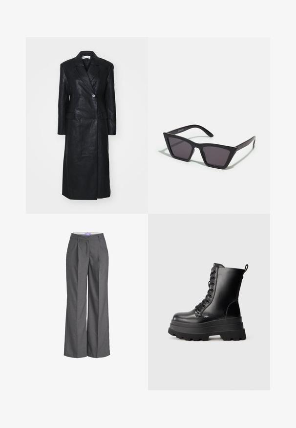Black leather coat with double-breasted design, notched lapels, front pockets, and a smooth texture. Full-length with a straight silhouette.; Black long-sleeve sheer lace top with floral pattern and a high neckline featuring a small ruffle trim.; Gray wide-leg trousers made from a textured fabric, featuring a flat front with pleat details and a standard waistband, ideal for formal wear.; Black lace-up ankle boots with a chunky platform sole, smooth leather finish, and pull tab. Features eight eyelets and textured sole.; Black, angular sunglasses with gray lenses; made of plastic, featuring thick arms with a smooth surface and no visible hardware.; Black scarf made of a soft, textured fabric. Features frayed edges and a rectangular shape, suitable for draping around the neck.
