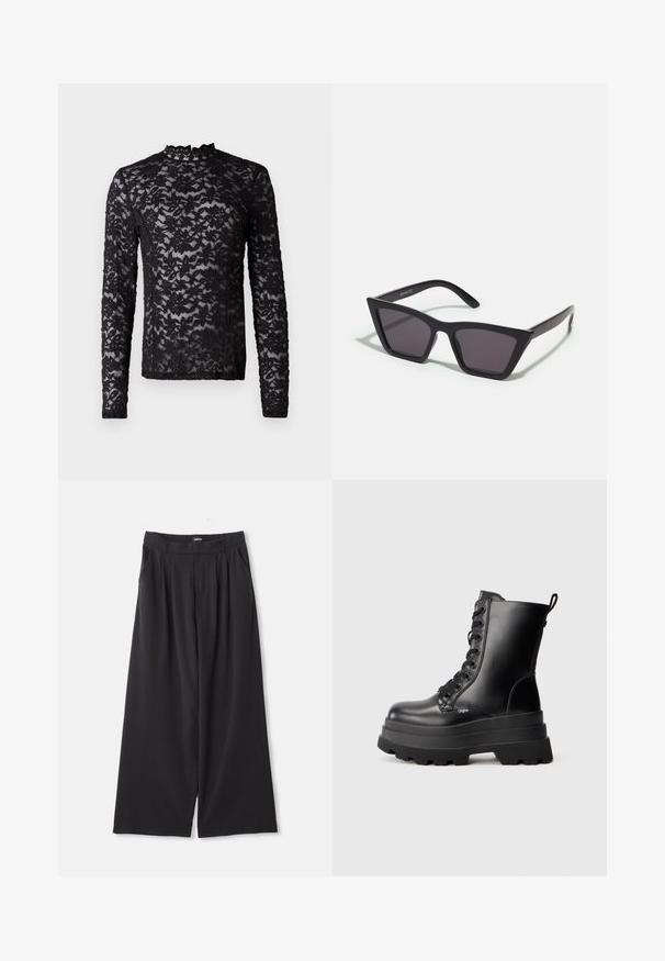 Mustat nahkatakki, jossa on kaksirivinen malli, viistot läpät, etutaskut ja sileä pinta. Täyspitkä ja suora siluetti.; Mustassa pitkähihainen läpinäkyvä pitsipusero, jossa on kukkakuosi ja korkea kaula-aukko, jossa on pieni röyhelöreunus.; Musta leveälahkeinen housu pleiteillä, vyölenkeillä ja sivutaskuilla, aseteltuna tasaisesti valkoista taustaa vasten.; Mustat nauhaketjutettavat nilkkurit, joissa on paksu pohja, sileä nahkapinta ja vetotappi. Varusteena kahdeksan reikää ja teksturoitu pohja.; Mustat, kulmikkaat aurinkolasit harmailla linsseillä; valmistettu muovista, paksuilla varsilla, joissa on sileä pinta ja ilman näkyvää metalliosaa.; Mustapaita, joka on valmistettu pehmeästä, teksturoidusta kankaasta. Siinä on risat reunat ja suorakaiteen muotoinen, sopii kaulaan kieputettavaksi.