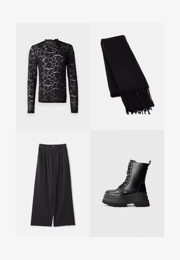 Black leather coat with double-breasted design, notched lapels, front pockets, and a smooth texture. Full-length with a straight silhouette.; Black long-sleeve sheer lace top with floral pattern and a high neckline featuring a small ruffle trim.; Black wide-leg trousers with pleats, belt loops, and side pockets, laid flat on a white background.; Black lace-up ankle boots with a chunky platform sole, smooth leather finish, and pull tab. Features eight eyelets and textured sole.; Black scarf made of a soft, textured fabric. Features frayed edges and a rectangular shape, suitable for draping around the neck.