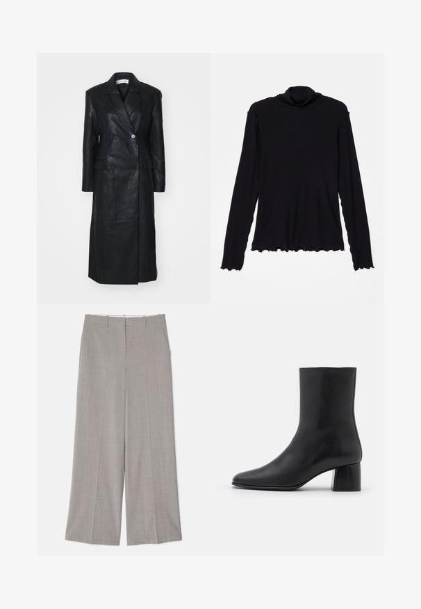 Melna ādas jaka ar dubulto pogu dizainu, ar iegrieztiem atloka galiem, priekšējām kabatām un gludu tekstūru. Pilna garuma ar taisnu siluetu.; Rodebjer CISNE - Tops ar garām piedurknēm - black; Gai pelēki platā kāju bikses no gludas tekstūras auduma. Iekļautas sānu kabatas un pielāgota forma ar taisnu piegriezumu.; Melnas ādas potīšu zābaki ar norādītu pirkstu un masīvu kvadrātveida papēdi. Gluda tekstūra ar bezšuvju dizainu un minimālistisku šuvēm.