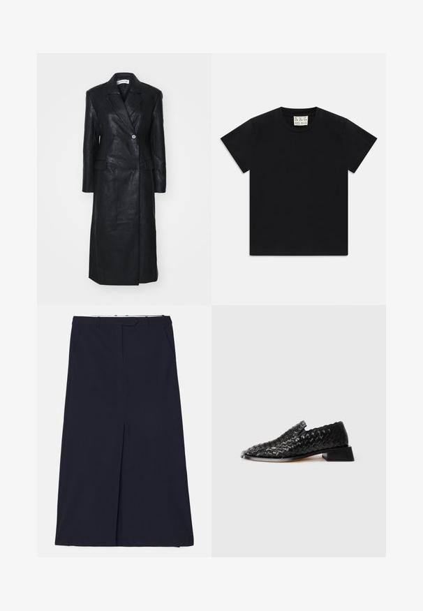 Manteau en cuir noir avec un design croisé, des revers crantés, des poches avant et une texture lisse. Longueur complète avec une silhouette droite.; T-shirt noir à manches courtes avec col rond, portant une étiquette blanche à l'intérieur du col étiquetée "D.R.C. EST. 2002" sur fond blanc.; DESIGNERS REMIX SCOTT LONG SKIRT - Jupe longue - navy; Chausson en cuir noir tressé à enfiler avec un petit talon carré et des détails festonnés, présenté sur un fond blanc.