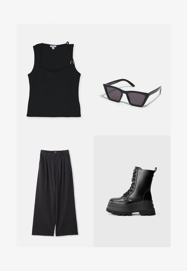 Juodasis odinis paltas su dvigubos segtuvų dizainu, įpjautomis apykaklėmis, priekinėmis kišenėmis ir lygi texture. Pilno ilgio su tiesia siluetu.; Juodas be rankovių topas su kvadratine iškirpte, turintis surišimo iškirptės detalę ir auksinius aksesuarus. Pagamintas iš sklandžios, tampraus audinio.; Juodos plačios kelnės su klostėmis, diržo kilpomis ir šoninėmis kišenėmis, išdėstytos ant balto fono.; Juodi auliniai batai su raišteliais, su masyviu platformos padu, lygaus odos paviršiaus ir traukimo juostos. Yra aštuoni kabliukai ir tekstūruotas padas.; Juodos, kampuotos saulės akinios su pilkais stiklais; pagaminti iš plastiko, su storomis šakėmis, turinčiomis lygų paviršių ir be matomų detalių.; Juodas šalikas, pagamintas iš minkštos, tekstūruotos medžiagos. Turi pakraščius su nusidėvėjimu ir stačiakampio formą, tinkamą nešioti aplink kaklą.