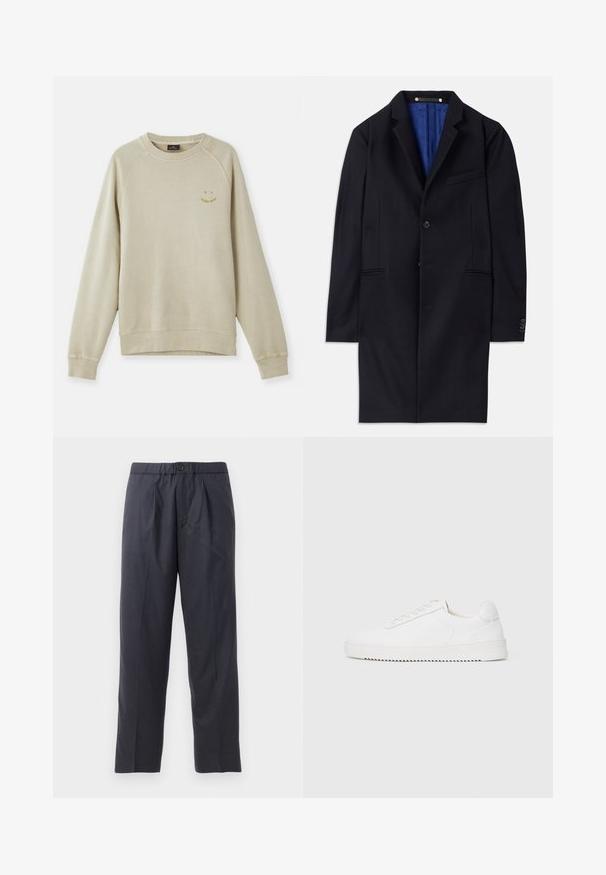 Tengeri gyapjú klasszikus kabát egy gombos záródással, kerekített hajtókákkal és két oldalsó zsebbel. Kék belső bélése van, és minimális varrási részletekkel rendelkezik.; Beige pulóver bordás mandzsettákkal és aljjal, raglán ujjak és egy kis sárga mosolygós arc logo a mellkason. Puha tapintás.; Sötét tengerészkék nadrág, puha anyagból, plissézett elejű kialakítással és gumis derékkal. Gombos záródással és egyenes szárú szabással rendelkezik.; Fehér sneaker sima bőr felsőrésszel, lekerekített orral, fűzőkkel, texturált oldalsó díszítésekkel és vastag gumitalppal. Minimalista dizájn.