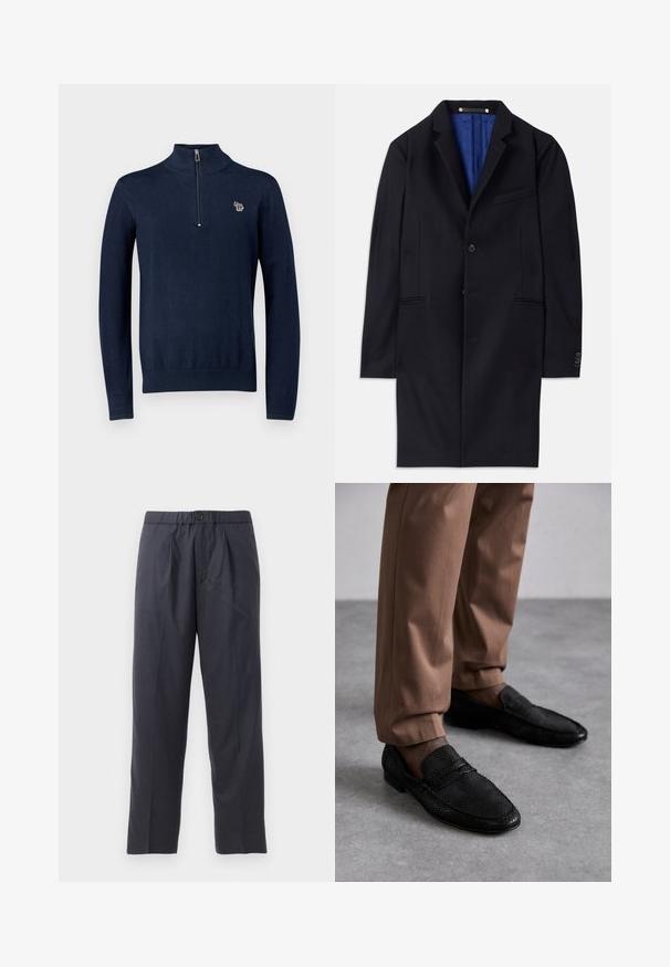 Jūras zila vilnas mētelis ar vienu pogu, ar iegrieztiem atlokiem un divām sānu kabatām. Tam ir zils iekšpuss un minimālas šuvju detaļas.; Tumši zils adīts pulovers ar augstu apkakli un pusgaru rāvējslēdzēju. Uz krūtīm ir mazs izšūts ziloņa logo. Garas piedurknes.; Tumši tumši zili bikses, kas izgatavotas no mīksta auduma ar krokām priekšpusē un elastīgu jostasvietu. Iespējama pogas aizdare un taisna kāju griezums.; Melnas loaferes ar teksturētu rakstu, ar noapaļotu purngalu un zemu profilu. Apvienotas ar brūnām biksēm uz pelēka virsmas.