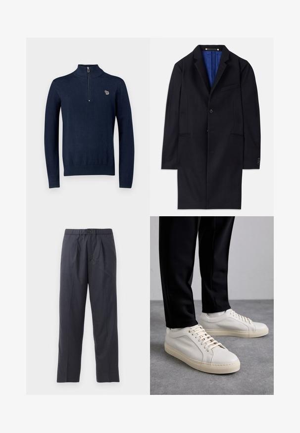 Mornarsko volneno plašč s posameznim zapiranjem na gumb, z zavihki in dvema stranskima žepoma. Ima modro notranjo podlogo in minimalne šivane detajle.; Mornarsko pleteno pulover z visokim ovratnikom in polovičnim zadrgo. Značilna je majhna vezenina slona na prsih. Dolgi rokavi.; Temno modri hlače iz mehkega materiala z nabranim sprednjim delom in elastičnim pasom. Imajo gumbasto zapiranje in ravno krojene hlačnice.; Svetlo bež usnjeni športni čevlji z ravnimi vezalkami, teksturirano površino in kontrastnim smetanastim gumijastim podplatom, v kombinaciji s črnimi oprijetimi hlačami.