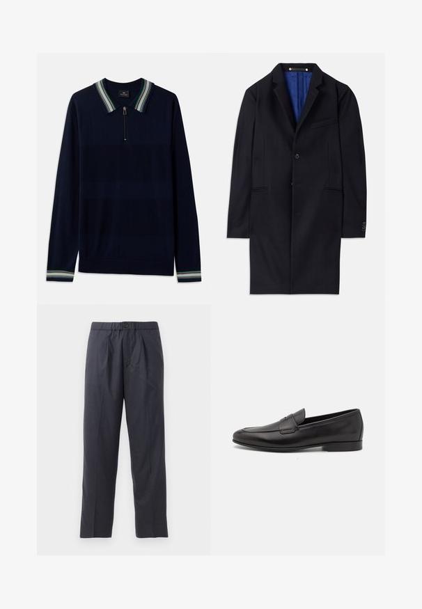 Navy wool overcoat with a single button closure, notched lapels, and two side pockets. Features a blue inner lining and minimal stitching details.; Navy-blue long-sleeve polo shirt featuring a half-zip neckline and striped collar with green, white, and purple accents. Soft knit texture.; Dark navy trousers made of soft fabric with a pleated front design and elastic waistband. Features a button closure and straight-leg cut.; Black leather men's loafer with a low heel and a classic penny strap design, shown in side profile on a white background.