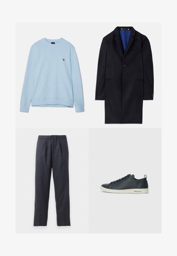 Navy wool overcoat with a single button closure, notched lapels, and two side pockets. Features a blue inner lining and minimal stitching details.; Light blue sweatshirt with a crew neckline and ribbed cuffs. Features a small embroidered design on the chest. Soft fabric texture.; Dark navy trousers made of soft fabric with a pleated front design and elastic waistband. Features a button closure and straight-leg cut.; Dark navy leather sneaker with a smooth finish, rounded toe, six eyelet lacing, and contrasting white rubber sole. Features branding on the side.