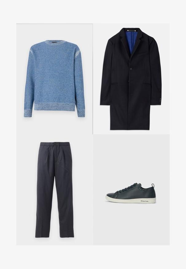 Jūras zila vilnas mētelis ar vienu pogu, ar iegrieztiem atlokiem un divām sānu kabatām. Tam ir zils iekšpuss un minimālas šuvju detaļas.; Zila adīta džemperis ar strukturētu rakstu, apaļu kakla izgriezumu un ribotu piedurkņu un apakšmalu. Audums izskatās mīksts ar vidēju biezumu.; Tumši tumši zili bikses, kas izgatavotas no mīksta auduma ar krokām priekšpusē un elastīgu jostasvietu. Iespējama pogas aizdare un taisna kāju griezums.; Tumši jūras zila ādas trenažieris ar gludu apdari, apaļu purngalu, sešām acu cilpām un kontrastējošu baltu gumijas zoli. Sānos ir redzama zīmola atpazīstamība.