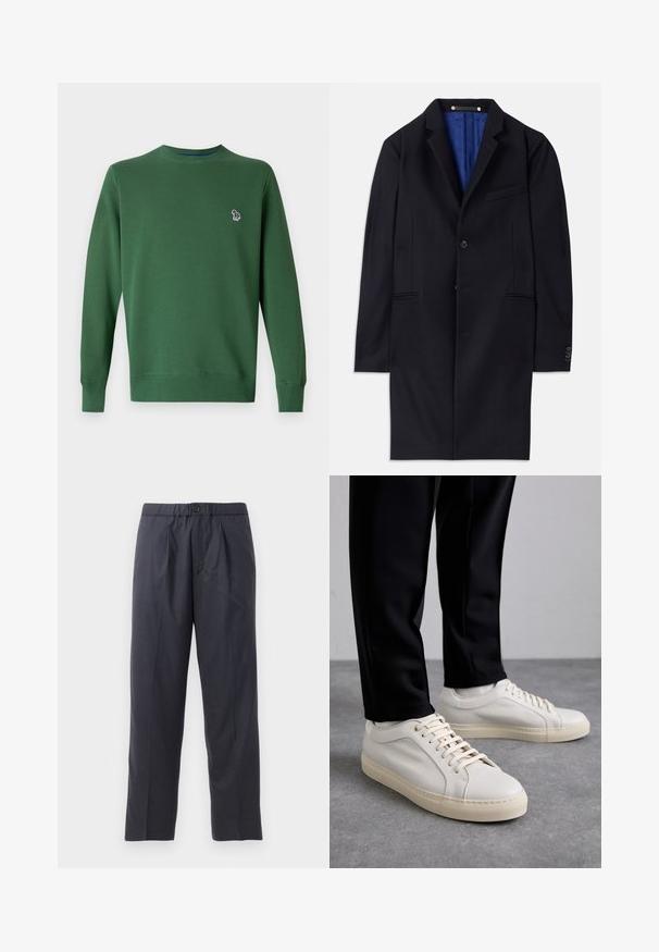 Abrigo de lana marino con cierre de un solo botón, solapas con muesca y dos bolsillos laterales. Cuenta con un forro interior azul y detalles de costura mínimos.; Sudadera verde con cuello redondo y mangas largas. Presenta un pequeño diseño bordado en el lado izquierdo del pecho. Textura de tela suave.; Pantalones oscuros de color azul marino, hechos de una tela suave, con un diseño de frente plisado y cintura elástica. Cuentan con un cierre de botón y un corte recto.; Zapatillas de cuero color beige claro con cordones planos, una superficie texturizada y una suela de goma color crema en contraste, combinadas con pantalones negros ajustados.