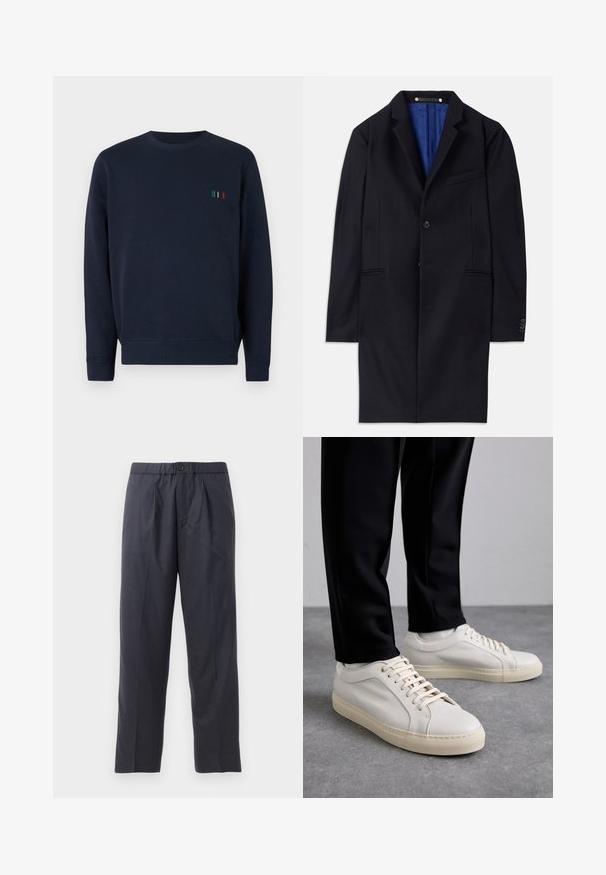 Tengeri gyapjú klasszikus kabát egy gombos záródással, kerekített hajtókákkal és két oldalsó zsebbel. Kék belső bélése van, és minimális varrási részletekkel rendelkezik.; Sötétkék kereknyakú pulóver, puha anyagból készült, a mellrészen egy kisebb hímzett részlettel, amely öt, különböző színű függőleges csíkkal díszített.; Sötét tengerészkék nadrág, puha anyagból, plissézett elejű kialakítással és gumis derékkal. Gombos záródással és egyenes szárú szabással rendelkezik.; Világos bézs bőr sportcipő lapos fűzőkkel, texturált felülettel és kontrasztos krémszínű gumitalppal, fekete irodai nadrággal párosítva.