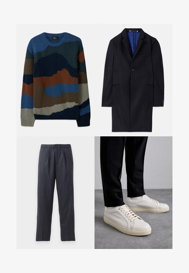 Jūrinės vilnos paltas su vieno mygtuko uždarymu, notch tipo apykakle ir dviem šoninėmis kišenėmis. Yra mėlynas pamušalas ir minimalūs siuvimo detalės.; Megzta megstinė su apvaliu iškirpimu ir įvairiomis tekstūromis mėlynos, žalios, rudos ir pilkos spalvų atspalviuose, papuošta kabeliniais akcentais.; Tamsiai mėlynos kelnės, pagamintos iš švelnios medžiagos, su klostėtu priekiu ir elastingu juosmeniu. Yra mygtuko užtrauktukas ir tiesios išklikimo pjūvis.; Šviesūs smėlio spalvos odiniai sportbačiai su plokščiomis raišteliais, tekstūruotu paviršiumi ir kontrastinga kreminės spalvos gumine padu, derinami su juodomis siaurėjančiomis kelnėmis.
