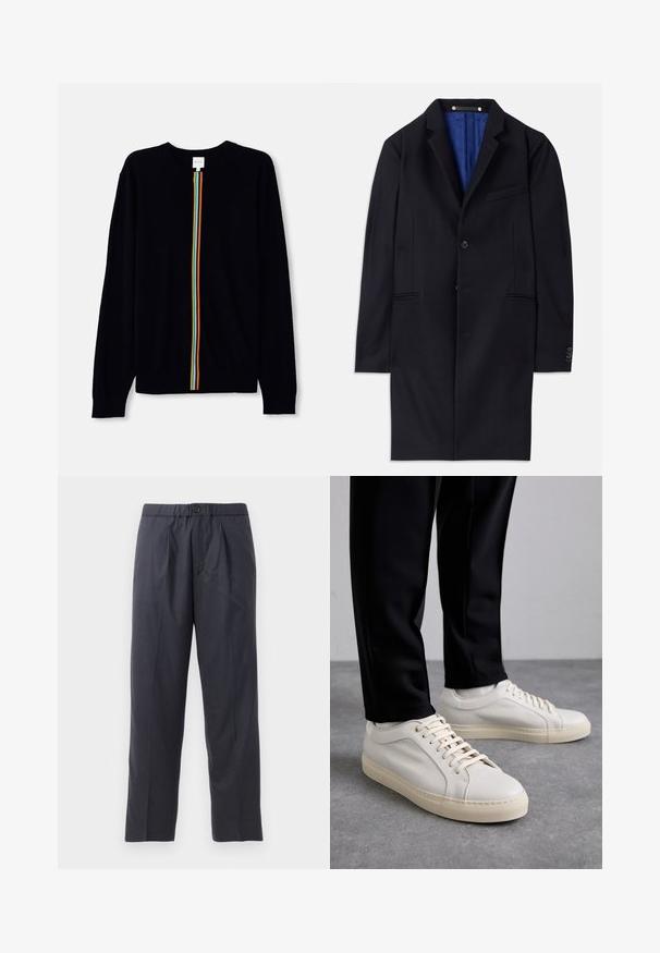 Mornarsko volneno plašč s posameznim zapiranjem na gumb, z zavihki in dvema stranskima žepoma. Ima modro notranjo podlogo in minimalne šivane detajle.; Črn pulover s dolgimi rokavi, ki ima osrednjo navpično črto v mavričnih barvah. Meko pleteno blago z rebrastimi manšetami.; Temno modri hlače iz mehkega materiala z nabranim sprednjim delom in elastičnim pasom. Imajo gumbasto zapiranje in ravno krojene hlačnice.; Svetlo bež usnjeni športni čevlji z ravnimi vezalkami, teksturirano površino in kontrastnim smetanastim gumijastim podplatom, v kombinaciji s črnimi oprijetimi hlačami.