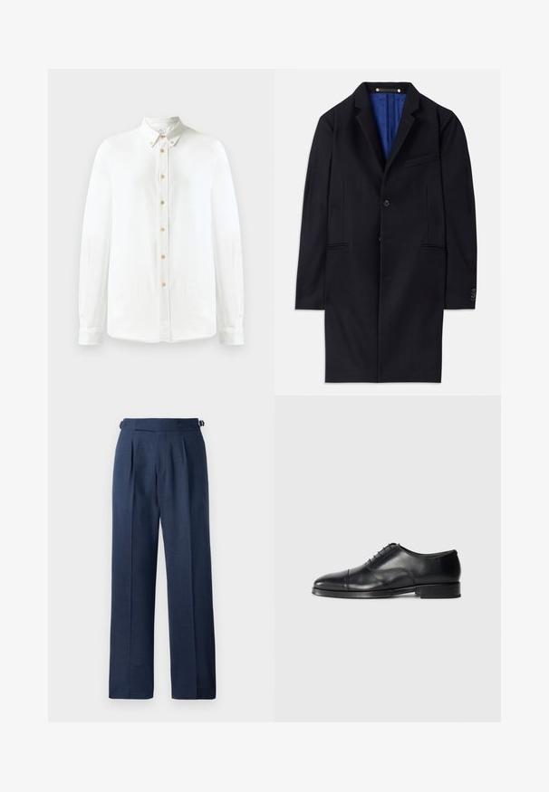 Navy uld frakke med en enkelt knaplukning, med slag og to sidelommer. Har en blå indvendig foring og minimale sømdetaljer.; Hvid langærmet skjorte med knaplukning lavet af blødt stof, med klassisk krave, en række runde brune knapper og knaplukninger ved håndleddene.; Marineblå skræddersyede bukser lavet af struktureret stof, med høj talje, læg og justerbare sidelukninger for pasform.; Sort læderherresko med rund tå, glat overflade, snørebåndsdesign og en diskret stikning, der har en lav, flad hæl.
