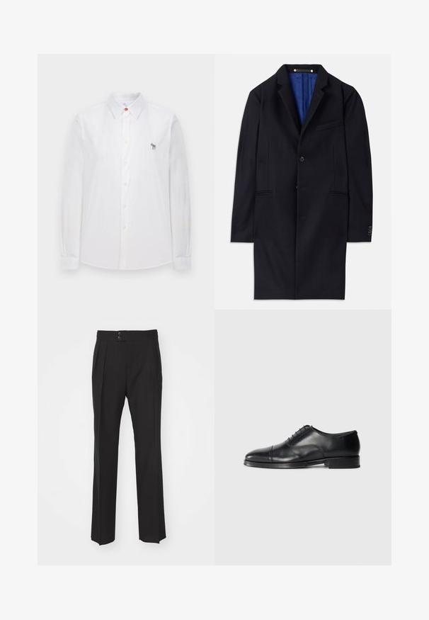 Cappotto di lana blu navy con chiusura a un bottone, revers a banda e due tasche laterali. Presenta una fodera interna blu e dettagli di cucitura minimali.; Camicia bianca a maniche lunghe in cotone con colletto button-down. Presenta un logo di un cavallo multicolore ricamato sul petto.; Pantaloni neri su misura con design a gamba dritta, due tasche anteriori e chiusura a doppio bottone in vita. Tessuto dalla finitura liscia.; Scarpa da uomo in pelle nera con punta arrotondata, texture liscia, design con lacci e un delicato dettaglio di cucitura, caratterizzata da un tacco basso e piatto.