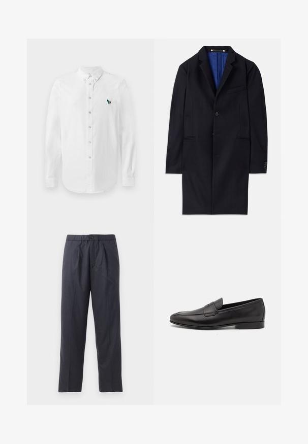 Mornarsko volneno plašč s posameznim zapiranjem na gumb, z zavihki in dvema stranskima žepoma. Ima modro notranjo podlogo in minimalne šivane detajle.; Bela srajca s dolgimi rokavi, ki ima subtilno teksturo tkanine in izvezeno barvno konjsko podrobnost na levem prsnem delu.; Temno modri hlače iz mehkega materiala z nabranim sprednjim delom in elastičnim pasom. Imajo gumbasto zapiranje in ravno krojene hlačnice.; Moški črni usnjeni loafer s nizkim peto in klasičnim penny trakom, prikazan v bočnem profilu na belem ozadju.
