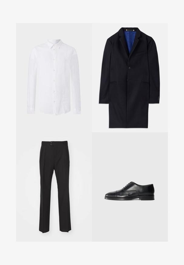 Námořnický vlněný kabát s jedním knoflíkem, klopovými límci a dvěma bočními kapsami. Obsahuje modrou podšívku a minimální švy.; Bílá košile s dlouhým rukávem vyrobená z lnu. Má klasický límeček, zapínání na knoflíky a zakřivený dolní lem s strukturovaným, lehkým povrchem.; Černé upravené kalhoty s rovnými nohavicemi, dvěma předními kapsami a zapínáním na dvojnásobný knoflík v pase. Hladký textilní materiál.; Černá kožená společenská obuv s oblým špičkou, hladkým povrchem, šněrovacím designem a jemným švem, s nízkým plochým podpatkem.