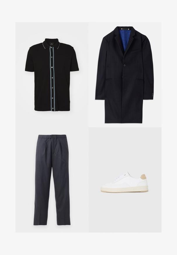 Mornarski vuni kaput s jednim dugmetom, s izrezanim reverima i dva bočna džepa. Ima plavu unutrašnju podstavu i minimalne detalje šivanja.; Crna polo majica kratkih rukava s ovratnikom, s vertikalnom svijetloplavom prugom i kontrastnim gumbima sprijeda.; Tamno plave hlače od mekanog materijala s plićim prednjim dijelom i elastičnim pojasom. Imaju zatvaranje na gumb i ravno krojenje.; Bijele niske tenisice s gornjim dijelom od teksturirane kože, kremasto žljebastim potplatom i smeškim akcentom na peti. Imaju bijele vezice i detalj s logotipom na peti.