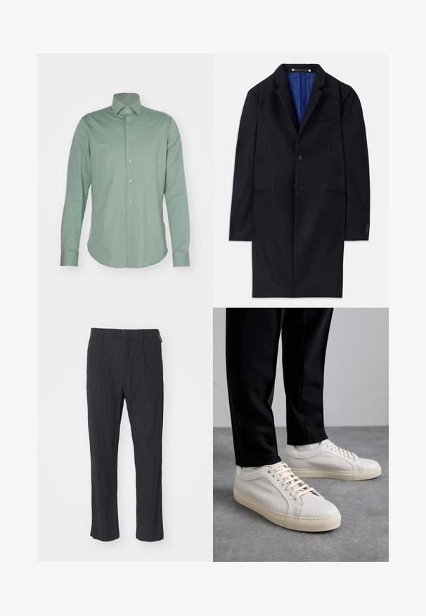 Navy uld frakke med en enkelt knaplukning, med slag og to sidelommer. Har en blå indvendig foring og minimale sømdetaljer.; Lys grøn langærmet skjorte med knaplukning lavet af et glat stof. Har en klassisk krave og knaplukning med syv synlige knapper.; Sorte plisserede bukser med et tekstureret stof, der har et lige ben-design og en standard talje. Ingen synlige lommer eller beslag.; Lys beige lædersneakers med flade snørebånd, en tekstureret overflade og en kontrasterende cremelilla gummisål, båret med sorte tapered bukser.