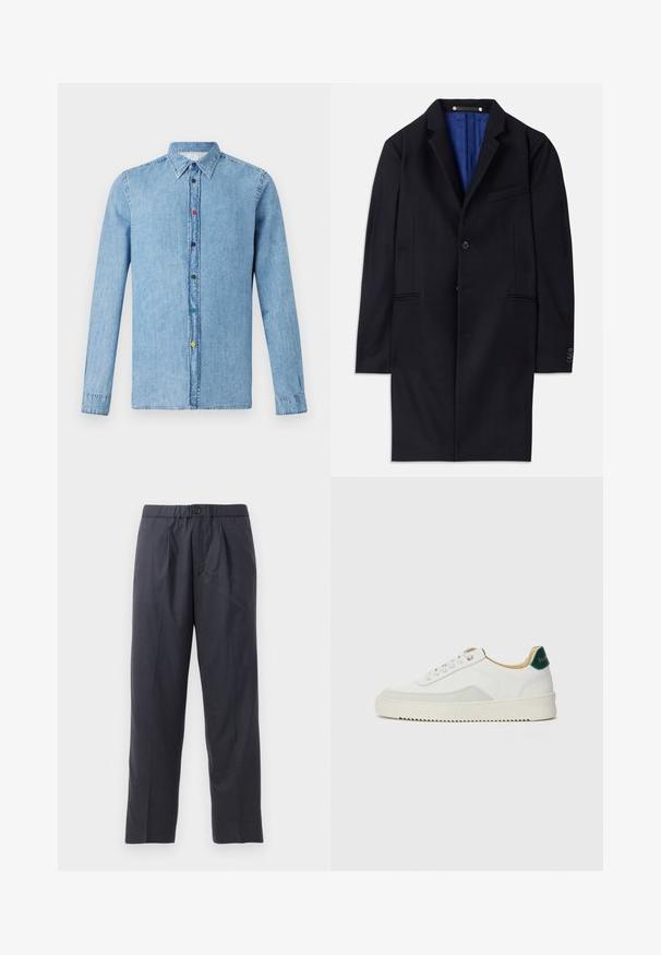 Jūrinės vilnos paltas su vieno mygtuko uždarymu, notch tipo apykakle ir dviem šoninėmis kišenėmis. Yra mėlynas pamušalas ir minimalūs siuvimo detalės.; Šviesiai mėlynas džinsinis marškinis su ilgomis rankovėmis, smailiu apykakle ir daugiaspalviais mygtukais priekyje. Lygi tekstūra su kasdiene dizainu.; Tamsiai mėlynos kelnės, pagamintos iš švelnios medžiagos, su klostėtu priekiu ir elastingu juosmeniu. Yra mygtuko užtrauktukas ir tiesios išklikimo pjūvis.; Baltos sportbačiai su zomšos akcentais, apvaliu nosiu, plokščiais raišteliais ir kreminės spalvos guminiu padu. Ant kulno yra žalia ženklinimo detalė.