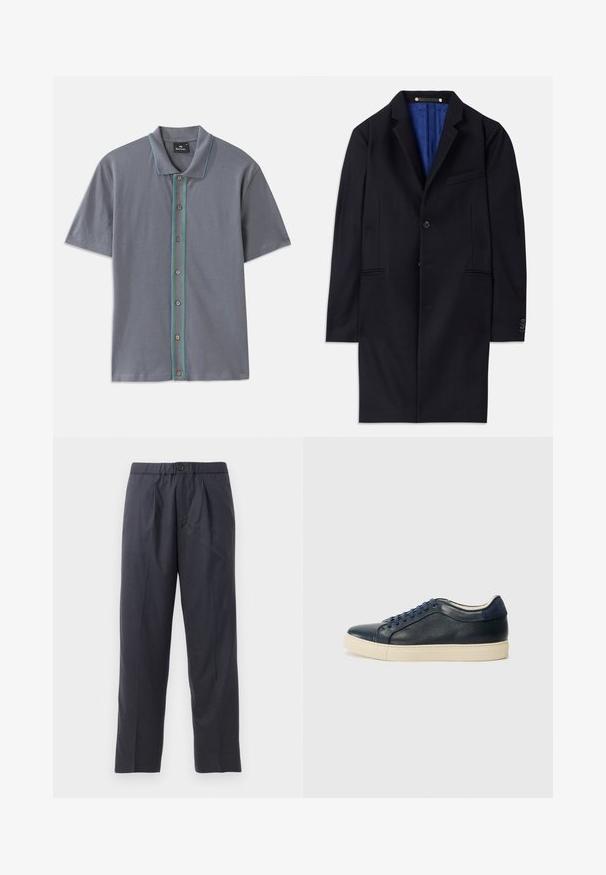 Manteau en laine marine avec une fermeture à un bouton, des revers crantés et deux poches latérales. Présente une doublure intérieure bleue et des détails de couture minimalistes.; Polo gris à manches courtes avec une bande contrastante bleue et verte le long de la patte de boutonnage et cinq boutons marron. Texture de tissu douce.; Pantalons bleu marine foncé en tissu doux avec un design front à plis et une taille élastique. Comprend une fermeture à bouton et une coupe droite.; Baskets en cuir bleu marine avec semelle en caoutchouc crème, dotées de lacets bleus et d'une texture lisse. Bout arrondi et design minimaliste.