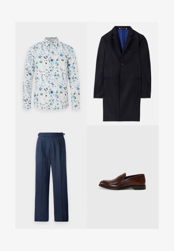 Námornícky vlnený kabát s jedným gombíkom, so špicatými klopami a dvoma bočnými vreckami. Má modrú podšívku a minimálne švy.; Košeľa s dlhými rukávmi z bielej látky s kvetinovým vzorom v modrých, tyrkysových a sivých odtieňoch, s golierom na gombíky a zaobleným lemom.; Navy modré nohavice na mieru, vyrobené z textúrovanej tkaniny, s vysokým pásom, skladaním a nastaviteľnými bočnými popruhmi pre lepšie prispôsobenie.; Hnedé kožené mokasíny s okrúhlou špičkou, prednou prackou a nízkym klinovým podpätkom. Hladký povrch s minimálnymi dekoratívnymi akcentmi.