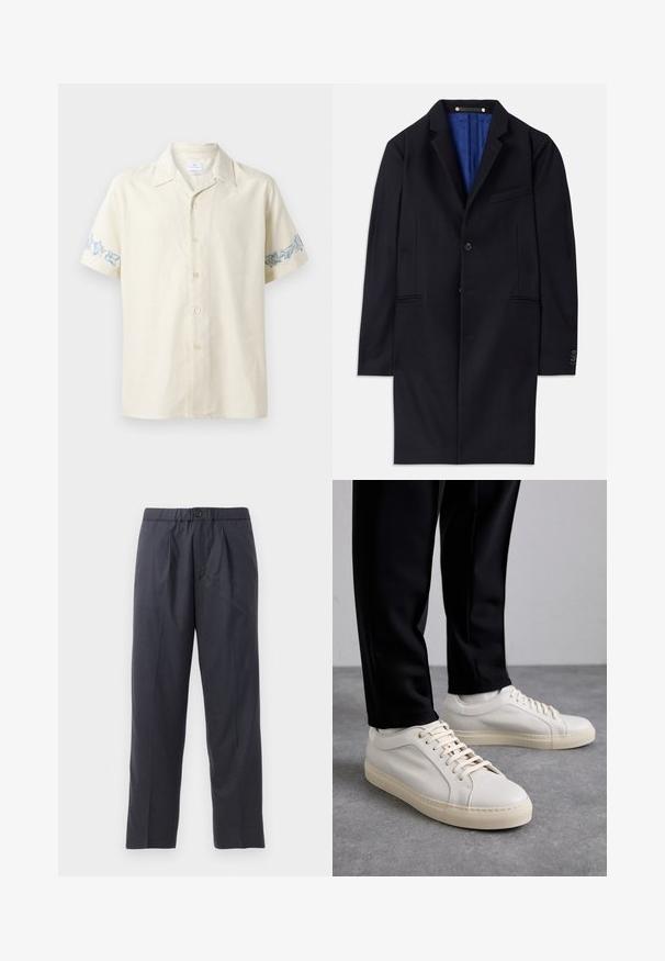 Mornarsko volneno plašč s posameznim zapiranjem na gumb, z zavihki in dvema stranskima žepoma. Ima modro notranjo podlogo in minimalne šivane detajle.; Kratke rokave, svetlo bež srajce iz mehkega materiala, z modrim cvetličnim vezenjem na rokavih in gumbom spredaj.; Temno modri hlače iz mehkega materiala z nabranim sprednjim delom in elastičnim pasom. Imajo gumbasto zapiranje in ravno krojene hlačnice.; Svetlo bež usnjeni športni čevlji z ravnimi vezalkami, teksturirano površino in kontrastnim smetanastim gumijastim podplatom, v kombinaciji s črnimi oprijetimi hlačami.
