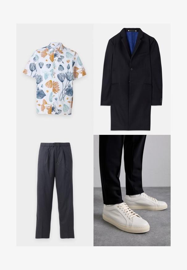 Tengeri gyapjú klasszikus kabát egy gombos záródással, kerekített hajtókákkal és két oldalsó zsebbel. Kék belső bélése van, és minimális varrási részletekkel rendelkezik.; Rövid ujjú gombos ing fehér pamutból, színes virágmintával kék, narancs és zöld színekben. Gallérral és műanyag gombokkal rendelkezik.; Sötét tengerészkék nadrág, puha anyagból, plissézett elejű kialakítással és gumis derékkal. Gombos záródással és egyenes szárú szabással rendelkezik.; Világos bézs bőr sportcipő lapos fűzőkkel, texturált felülettel és kontrasztos krémszínű gumitalppal, fekete irodai nadrággal párosítva.