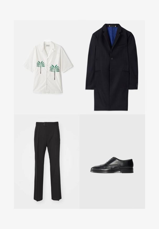 Palton din lână navy cu închidere cu un singur nasture, rever cu tăietură și două buzunare laterale. Dispune de o căptușeală interioară albastră și detalii de coasere minimaliste.; OFFICINE GENERALE LUIS PALMTREE EMBROIDE - Cămașă - ecru; Pantaloni negri din stofă ajustată cu un design drept, două buzunare frontale și închidere cu două butoane la talie. Textură de țesătură fină.; Pantofii din piele neagră, cu vârful rotund, textură netedă, design cu șireturi și un detaliu subtil de cusătură, având un toc jos și plat.