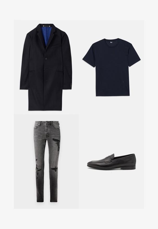 Mornarski vuni kaput s jednim dugmetom, s izrezanim reverima i dva bočna džepa. Ima plavu unutrašnju podstavu i minimalne detalje šivanja.; Tamno plava pamučna majica kratkih rukava, s okruglim izrezom i minimalnim detaljima šivanja. Jednostavan dizajn bez vidljivih uzoraka ili naglasaka.; Crne traperice od denima s poderanim detaljima, slim fit kroja, pet džepova i klasičnim zatvaranjem na zip. Izgled s trošenim dijelovima i izblijedjelim mjestima.; Crne kožne muške mokasine s niskom petom i klasičnim dizajnom trake za novčiće, prikazane u bočnom profilu na bijeloj pozadini.