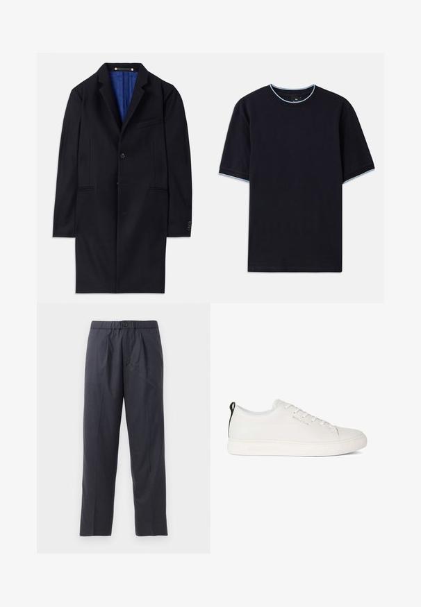 Tumesinine villane ülerõivas ühe nööbiga kinnituse, nurgeliste krae ja kahe küljetaskuga. Omab sinist voodrit ja minimaalset õmblusdetaili.; Tume sinine lühikese varrukaga t-särk ümmarguse kaelusega, millel on helesinised aktsendid kaeluse ja varrukate ümber. Valmistatud pehmest puuvillast kangast.; Tumed sinised püksid pehmest kangast, mille esiosal on volditud disain ja elastne vöökoht. Varustatud nupuga sulgemisega ja sirge lõikega.; Valge nahkne sneaker ümmarguse varbaga, lamedate kummist tallaga ja ühtlase õmblusega. Omab nööpidega esiosa ja musta kandetõmbeassa.