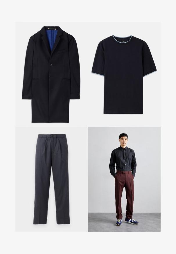 Abrigo de lana marino con cierre de un solo botón, solapas con muesca y dos bolsillos laterales. Cuenta con un forro interior azul y detalles de costura mínimos.; Camiseta de manga corta azul oscuro con cuello redondo, con detalles en azul claro en el cuello y las mangas. Fabricada en suave tela de algodón.; Pantalones oscuros de color azul marino, hechos de una tela suave, con un diseño de frente plisado y cintura elástica. Cuentan con un cierre de botón y un corte recto.; Camisa negra de manga larga y botones combinada con pantalones burdeos de cintura alta y zapatillas azules con detalles verdes. El modelo está de pie con las manos en los bolsillos.