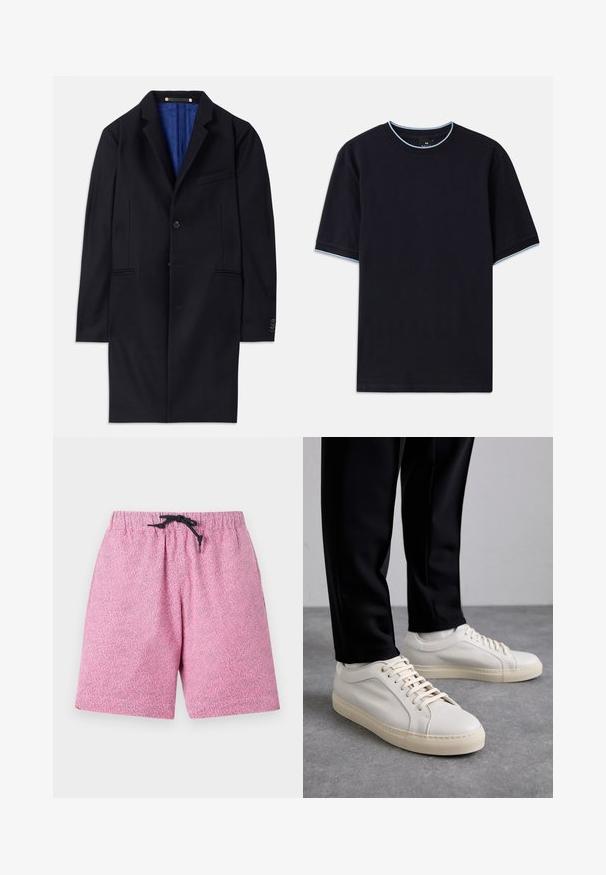 Mornarski vuni kaput s jednim dugmetom, s izrezanim reverima i dva bočna džepa. Ima plavu unutrašnju podstavu i minimalne detalje šivanja.; Tamno plava kratka majica s kapućinom, s okruglim izrezom, s svijetloplavim detaljima na ovratniku i rukavima. Izrađena od mekog pamučnog materijala.; Roze kupaće gaće s uzorkom, s elastičnim pojasom i crnom žicom za stezanje. Materijal izgleda lagano s teksturiranom površinom.; Svijetlosmeđi kožni tenisice s ravnim vezicama, teksturiranom površinom i kontrastnom kremasto bijelom gumom potplatom, uparene s crnim suženim hlačama.