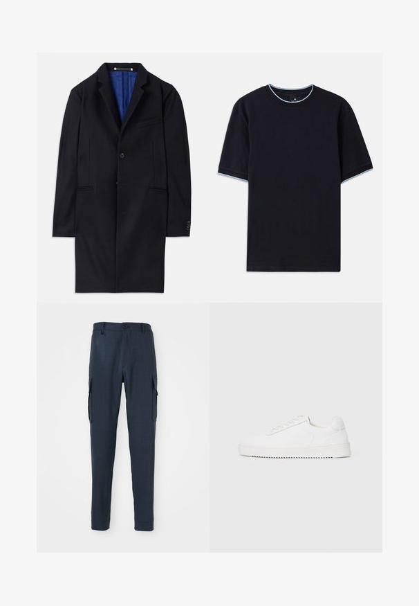 Tumesinine villane ülerõivas ühe nööbiga kinnituse, nurgeliste krae ja kahe küljetaskuga. Omab sinist voodrit ja minimaalset õmblusdetaili.; Tume sinine lühikese varrukaga t-särk ümmarguse kaelusega, millel on helesinised aktsendid kaeluse ja varrukate ümber. Valmistatud pehmest puuvillast kangast.; Merineeli värvi cargosid, millel on tekstuuriga kangas, slim fit lõige, nööp sulgemine talje kohal ja küljetaskud, mis lisavad funktsionaalsust.; Valge jooksutoss, millel on siledast nahast ülemine osa, ümmargune nina, paelad, tekstuuriga küljeaktsendid ja paks kummitald. Minimalistlik disain.