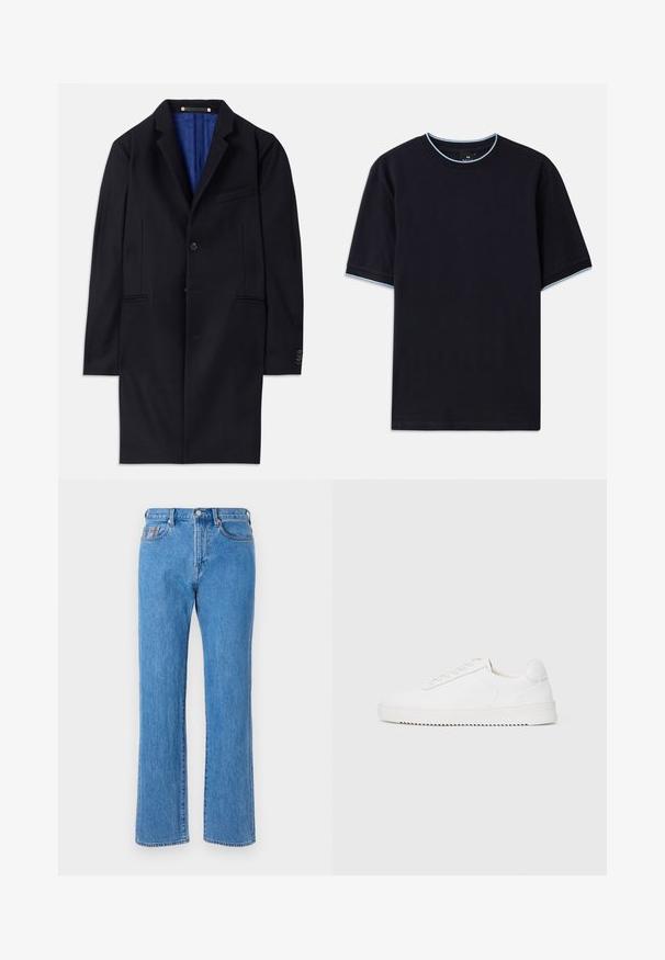 Mornarsko volneno plašč s posameznim zapiranjem na gumb, z zavihki in dvema stranskima žepoma. Ima modro notranjo podlogo in minimalne šivane detajle.; Temno modra kratka majica s kratkimi rokavi in okroglim izrezom, s svetlo modrimi poudarki na ovratniku in rokavih. Narejena iz mehke bombažne tkanine.; Svijetloplave traperice s ravnim krojem, dizajn s pet džepova i kopčanjem na dugme. Sadrže suptilne šavove.; Bela teniska z gladkim usnjenim zgornjim delom, okroglim nosom, vezalkami, teksturiranimi stranskimi poudarki in debelim gumijastim podplatom. Minimalističen dizajn.